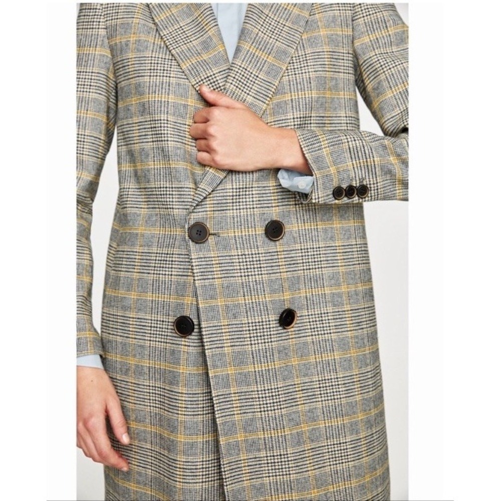 Zara Yellow grey check Checked Double Breasted Mid Length coat Size M - Picture 16 of 16